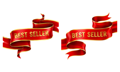Elegant red ribbon with gold lettering 'best seller' isolated on transparent background