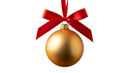 Golden Christmas ornament with red bow isolated on transparent background