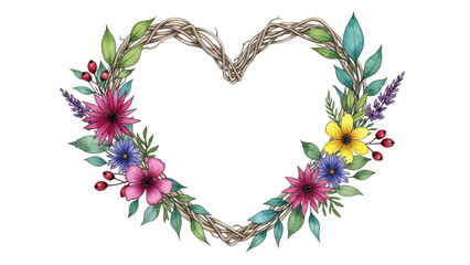 Obraz premium Floral Heart Frame: A charming illustration depicts a delicate heart-shaped frame adorned with a vibrant array of flowers, leaves, and interwoven branches, radiating love and natural elegance.