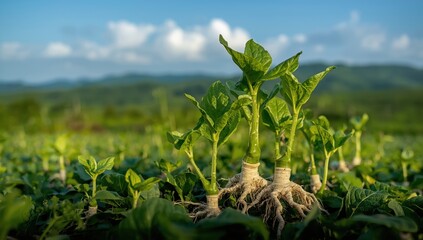 Luffa sprouts in the garden, surrounded by greenery and bright skies at dawn