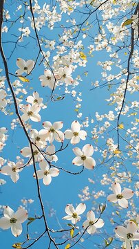 Blossoms and Azure: A low-angle shot captures the stunning interplay of pristine white dogwood blossoms against a vibrant, cloudless, blue sky. This view evokes a sense of serenity, rejuvenation.