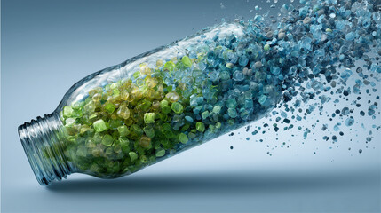 Plastic bottle transforming into colorful recycled pellets for sustainable packaging innovation and circular economy concept