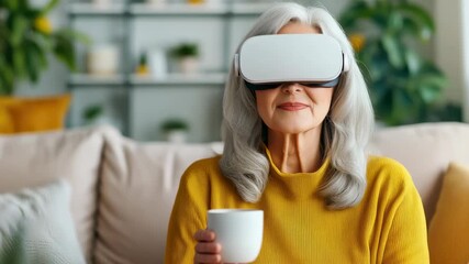Virtual Reality at Home: An older woman with silver hair, immersed in a VR experience in the comfort of her living room, cup in hand, embracing the digital world with grace and curiosity.