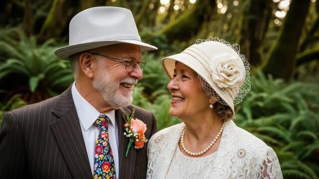 Everlasting Affection in Nature's Embrace: A loving couple, exuding timeless elegance and joy, shares a tender moment amidst the serene backdrop of a verdant forest.
