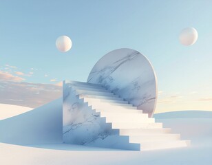 Marble staircase leads to a halfsphere in a snowy landscape with blue sky and white spheres