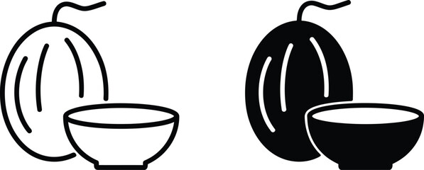 Black and white illustration of melons and cups