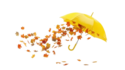 Yellow Umbrella with Autumn Leaves Blowing on White Background