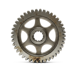 A rusty, metallic gear with a worn, aged appearance, set against a plain white background.
