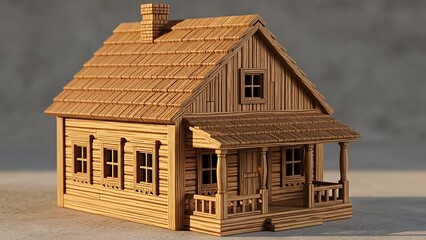 A wooden model house with a porch and chimney on a grey surface