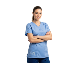 A woman in a blue scrub top and navy blue pants standing against a white background.