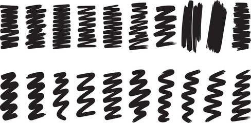 Collection of various black squiggly lines and strokes on white background for design and artistic use
