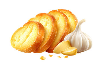 Golden Toasted Bread Slices and Fresh Garlic on Transparent Background