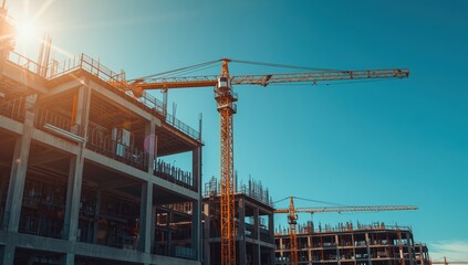 Industrial scene featuring a blue backdrop and sunlight with structures being built and a working crane