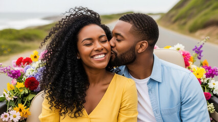 Smiling African-American couple with man kissing woman's cheek in convertible with flowers on seaside road, romantic travel and joyful love