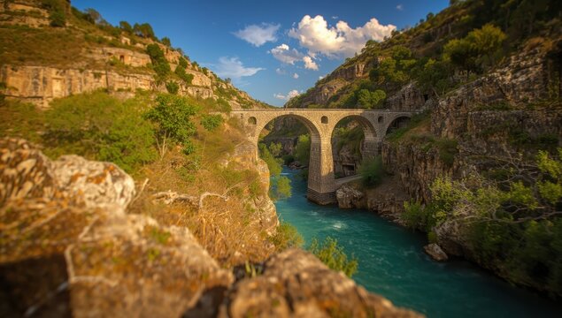 Koprulu Canyon National Park is situated in Manavgat, Antalya, between Bolasan and Beskonak, featuring the historical Oluk Bridge over a turquoise river