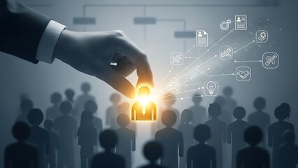 Hand selects glowing person icon from crowd for recruitment or selection hiring human resources