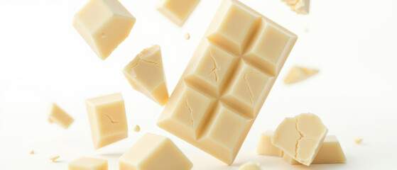 Delicious white chocolate pieces floating in air, showcasing delightful and creamy texture, perfect for desserts and treats