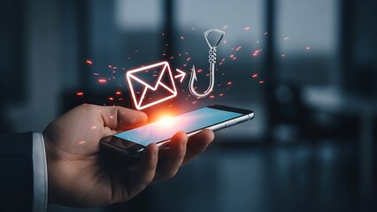 Hand holding smartphone with email icon and fishing hook symbolizing phishing mobile phone