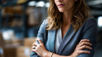 Faceless portrait of gorgeous brunette woman manager controlling business in warehouse logistic center, well dressed successful woman checking distribution, defocused face, with copy space