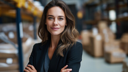 Faceless portrait of gorgeous brunette woman manager controlling business in warehouse logistic center, well dressed successful woman checking distribution, defocused face, with copy space
