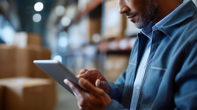 Faceless logistics manager holding tablet and checking inventory in warehouse, distribution supervisor with mobile technology, storage facility oversight, supply chain monitoring, defocused