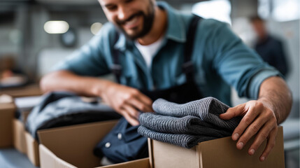 Faceless happy warehouse worker packing clothes in cardboard boxes, textile logistics, garment distribution preparation, apparel fulfillment work, clothing storage packing, defocused person,