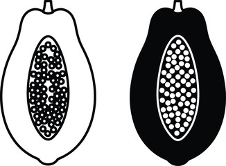 Black and white illustration of two guava fruits cut in half