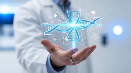Scientist holding glowing DNA helix with medical icons and futuristic interface doctor