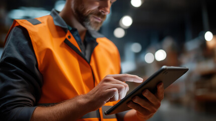 Faceless worker using tablet in warehouse managing inventory and overseeing operations with efficient technology, digital logistics management, mobile warehouse control, defocused person, with