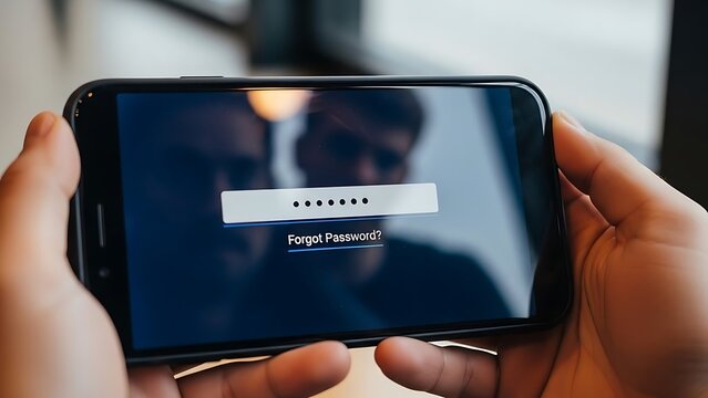 Person holding smartphone displaying password entry and forgot password option mobile phone