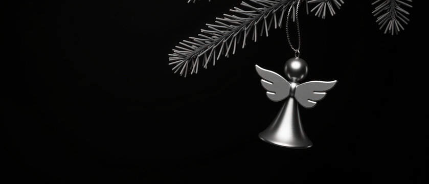 Silver angel ornament hangs gracefully from pine branch, creating serene and festive atmosphere. contrast against dark background enhances its