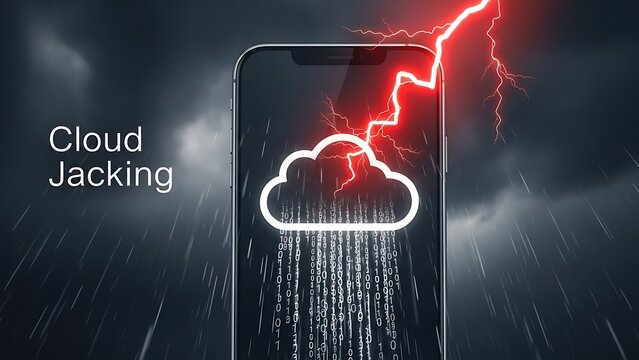 Smartphone Displaying Cloud Jacking Concept with Lightning and Binary Code Rain cyber attack - Powered by Adobe