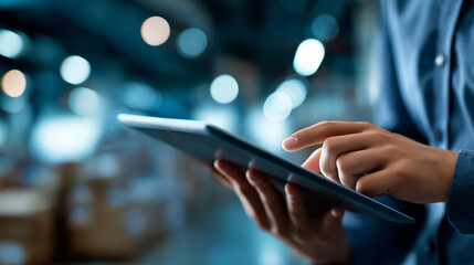 Faceless smart warehouse management system, worker hands holding tablet on blurred warehouse as background, digital inventory control, logistics technology, defocused hands, with copy space