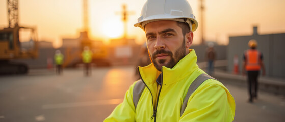 Construction worker in safety gear stands confidently at job site during sunset, showcasing dedication and professionalism