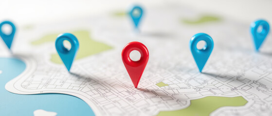 Map with location markers, featuring prominent red pin among blue pins, symbolizing navigation and exploration