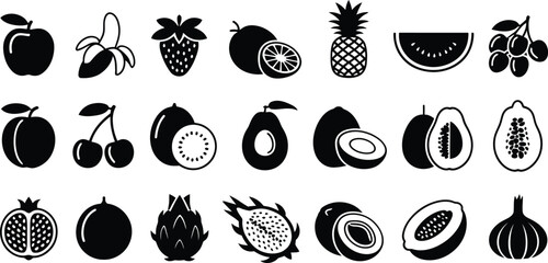 Collection of various fresh fruits in black and white
