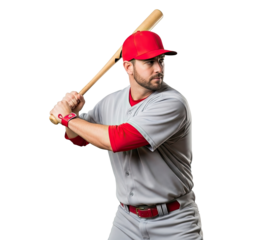 A baseball player in a red cap and gray uniform holding a wooden bat, ready to swing.