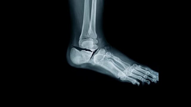 X-ray of a broken ankle showing a fracture in the fibula and surrounding bones taken in a medical setting
