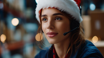Faceless female worker wearing headset and Santa Claus hat in logistics distribution warehouse looking at camera, holiday season warehouse operations, festive logistics worker, defocused face,