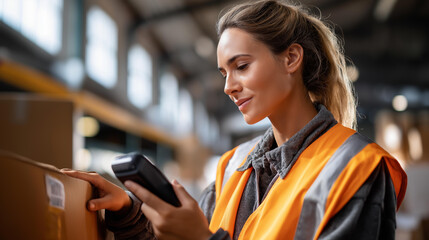 Faceless female warehouse worker uses bar code reader while scanning packages at storage compartment, inventory tracking technology, logistics scanning work, defocused person, with copy space