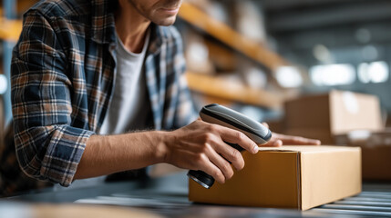 Faceless warehouse worker using bar code scanner to scanning box and analyze newly arrived goods for further placement in storage department, working at warehouse, defocused person, with copy