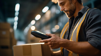 Faceless warehouse worker using bar code scanner to scanning box and analyze newly arrived goods for further placement in storage department, working at warehouse, defocused person, with copy