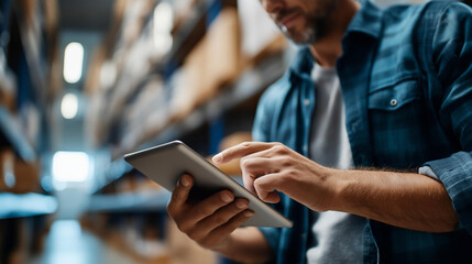 Faceless warehouse manager using digital tablet checking inventory, logistics professional with mobile technology, storage facility supervisor monitoring stock, defocused person with device,