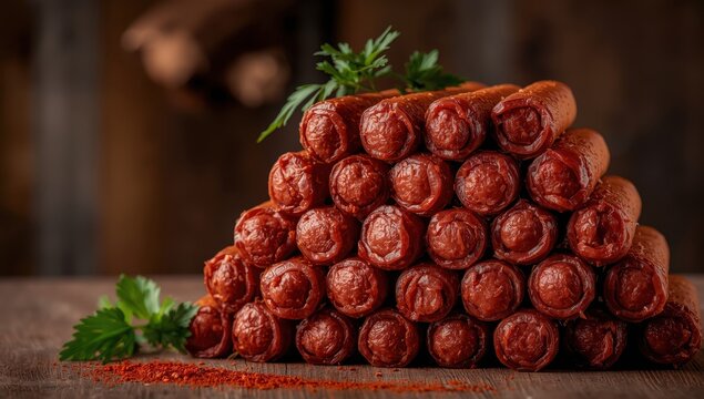 Local market displays stacked Serbian kulen sausages, highlighting Balkan food culture. Kulen is a dry-cured pork sausage from Croatia and Serbia