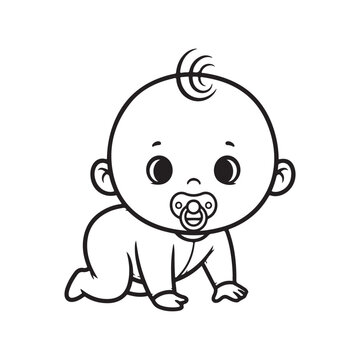 Cute Cartoon Baby Boy with Pacifier Crawling Line Art Illustration