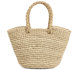 A woven straw tote bag with braided handles.