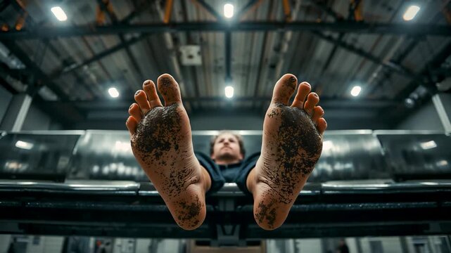 Inverted Man Hanging Upside Down Dirty Bare Feet Gym Ceiling Lights Workout