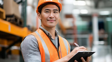 Faceless portrait of smiling Asian engineer man order details checking goods and supplies on shelves with goods background in warehouse, logistic and business export, defocused face, with copy