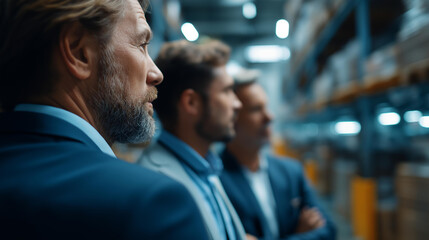 Faceless business people at warehouse, managers visiting storage center and discussing about distribution and goals for next year, logistics planning meeting, defocused professionals, with copy