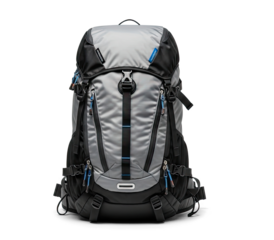 A grey and black backpack with blue accents on a png transparent.